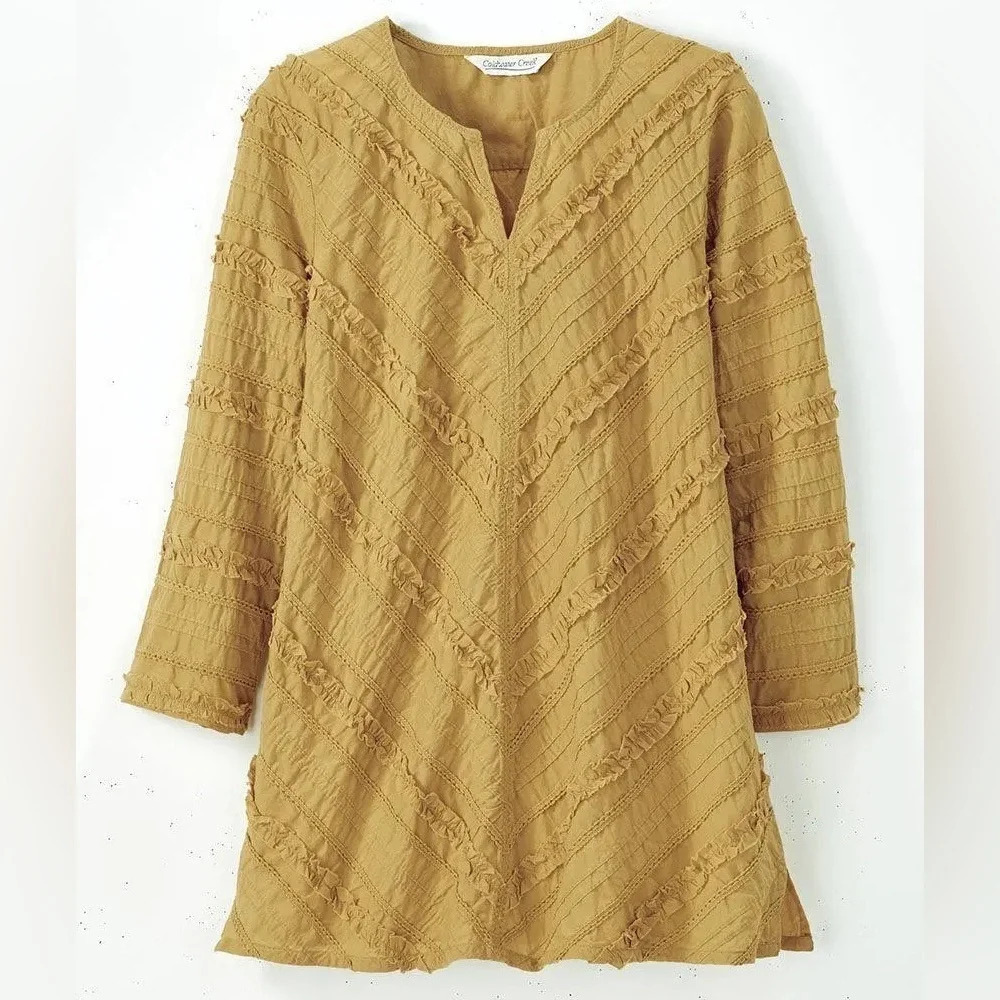 Coldwater Creek women’s Medium Cielo Mesa Top Mustard Honey Ruffles Split Neck